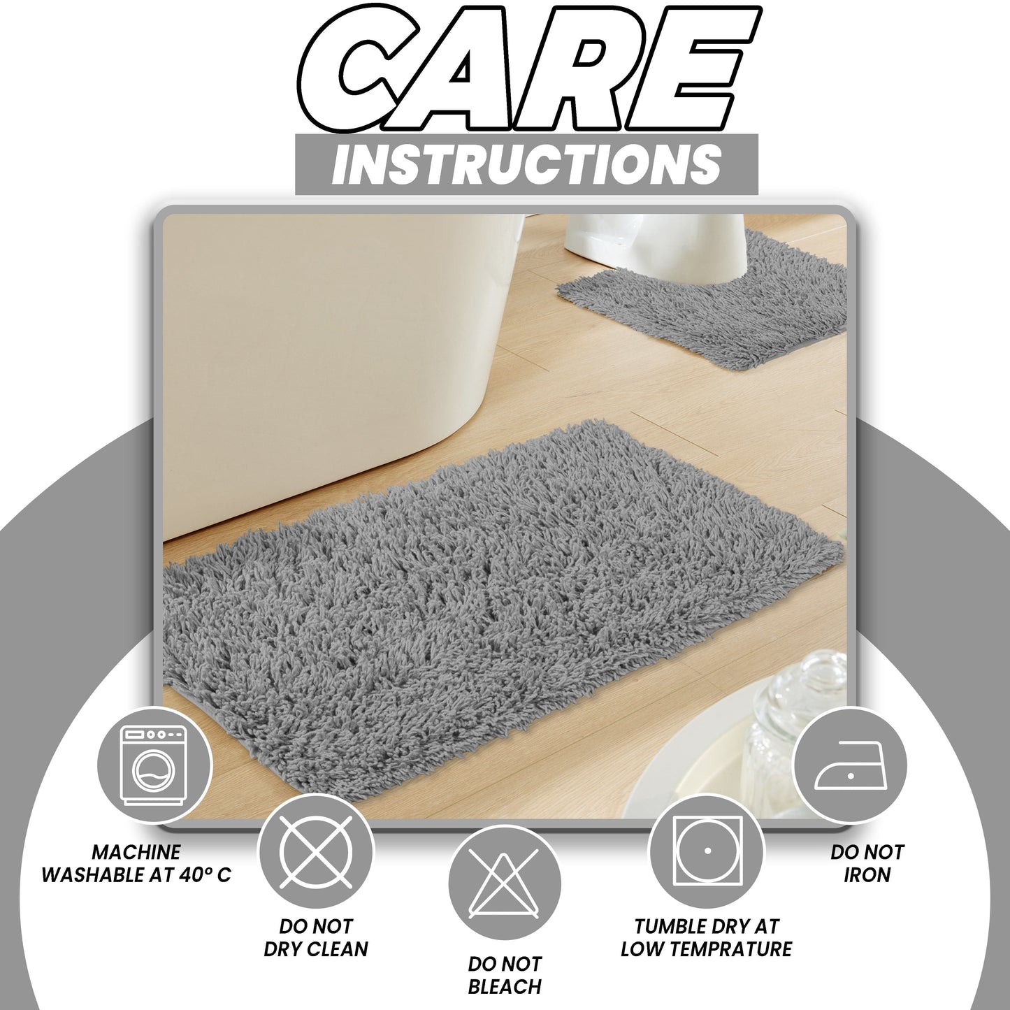 OLIVIA ROCCO Como 2 Piece Grey Bath Mat And Pedestal Set Non-Slip Super Absorbent Cotton Bathroom Mats Machine Washable