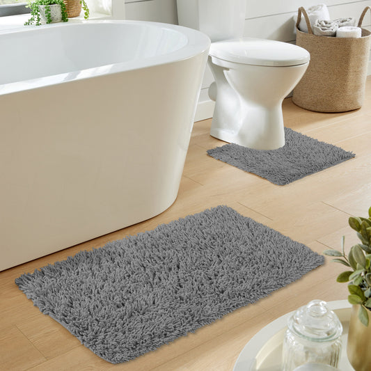 OLIVIA ROCCO Como 2 Piece Grey Bath Mat And Pedestal Set Non-Slip Super Absorbent Cotton Bathroom Mats Machine Washable