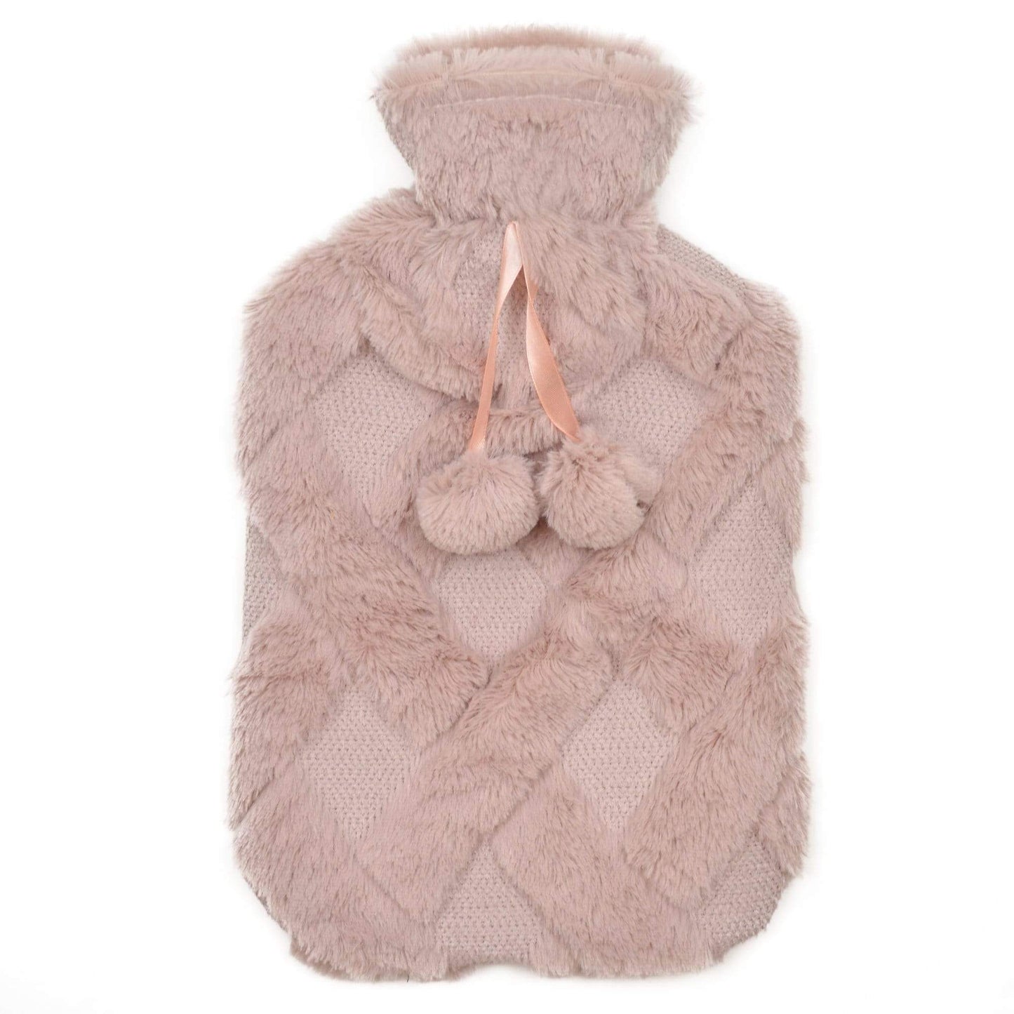 OLIVIA ROCCO Diamond Fleece Plush Hot Water Bottle 2L With Pom Poms, Natural Rubber, UK Safe Tested, Cozy Warmth For Winter Nights