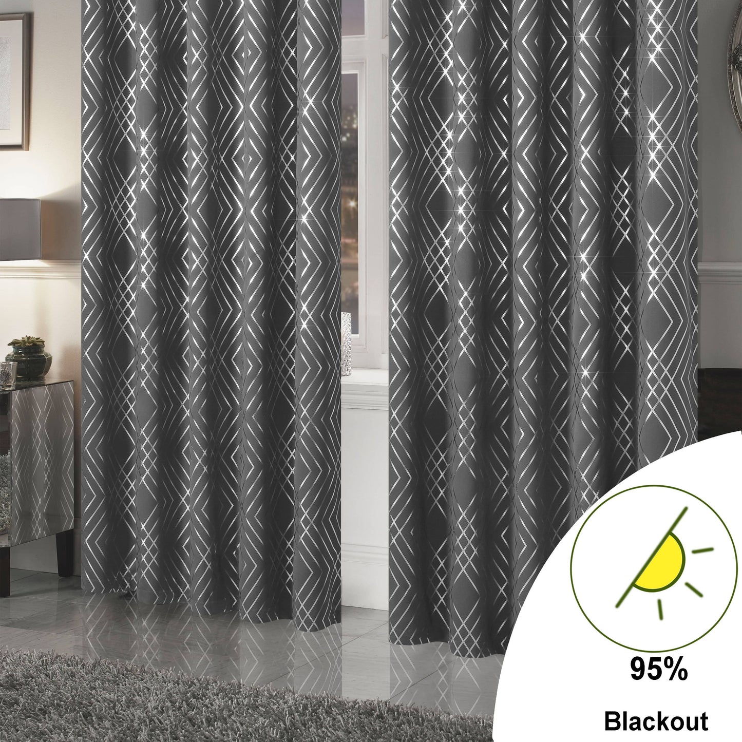 OLIVIA ROCCO Geometric Sparkle Blackout Curtains Silver Eyelet Ring Top Soft Thermal Insulated Drapes For Living Room And Bedroom