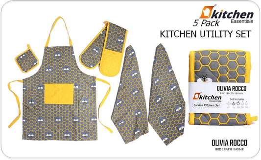 OLIVIA ROCCO Kitchen Sets With Apron Double Oven Gloves Towel Set Oven Mitts Pot Holder Five Piece Heat Resistant For Home Baking