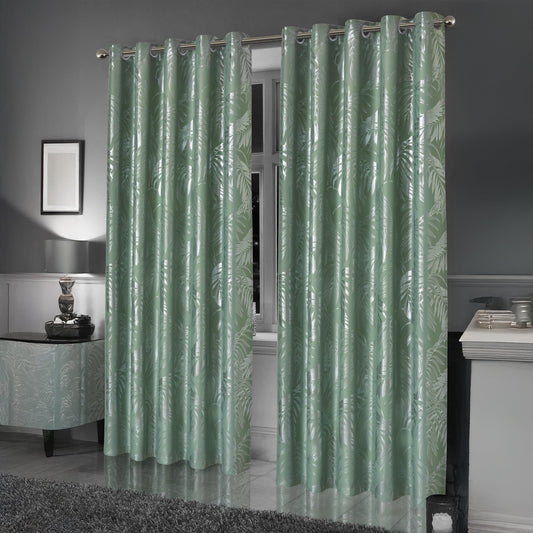 OLIVIA ROCCO Leaf Sage Green Sparkle Blackout Curtains With Thermal Insulation Eyelet Drapes Super Soft Fabric 2 Panels Room Darkening