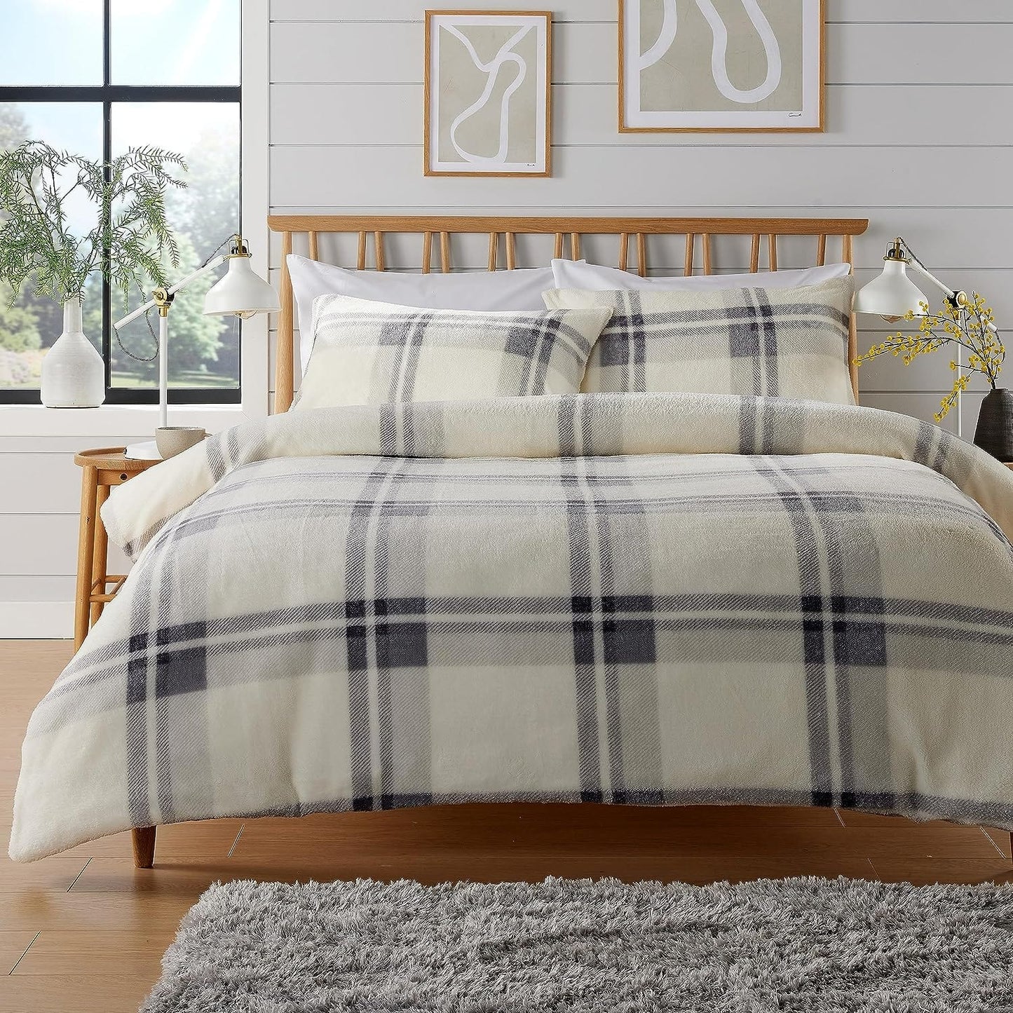 OLIVIA ROCCO Orkney Check Fleece Duvet Set Grey Green Polyester Super Soft Single Double King Luxurious Bedding With Pillowcases