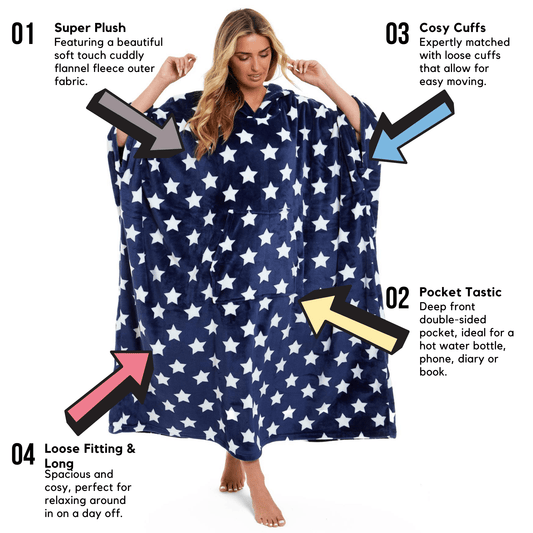 OLIVIA ROCCO Oversized Hooded Fleece Poncho Blanket Stars Polka Dots Wearable Plush Blanket Front Pocket For Adults Indoor Outdoor