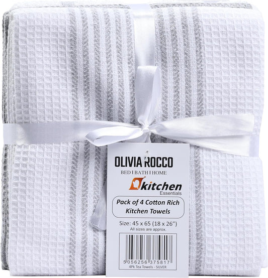 OLIVIA ROCCO Pack Of 4 Green Cotton Tea Towels 65x45 Cm High Absorbency Durable For Drying Dishes And Cleaning Spills For Everyday Kitchen