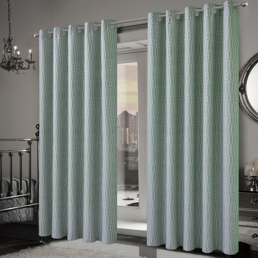 OLIVIA ROCCO Paris Eyelet Jacquard Curtains Sage Green Geometric Pattern Thermal Insulated Light Blocking For Bedroom Lounge