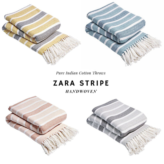 OLIVIA ROCCO Zara Striped Handwoven Pure Cotton Throw Blanket With Tassels Eco Friendly Multiple Sizes Calming Colors For Sofa Beds