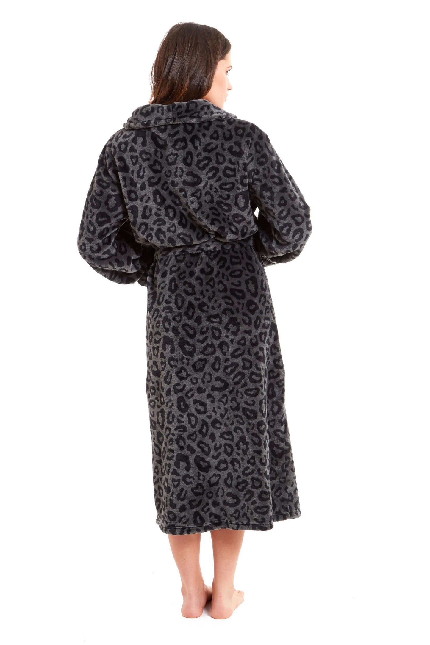 OLIVIA ROCCO Robe Women's Black Leopard Print Plush Fleece Long With Shawl Collar Pockets Cozy Loungewear Nightwear Relaxed Fit