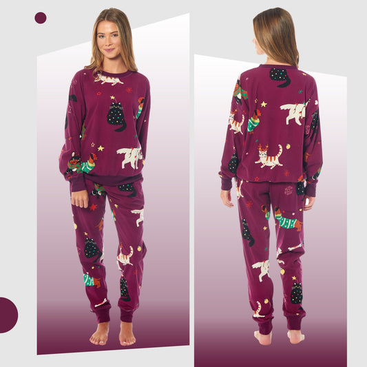 OLIVIA ROCCO Womens Cat And Dog Print Fleece Pyjama Set Long Sleeve Animal Print Warm Sleepwear Loungewear Soft And Cozy Nightwear