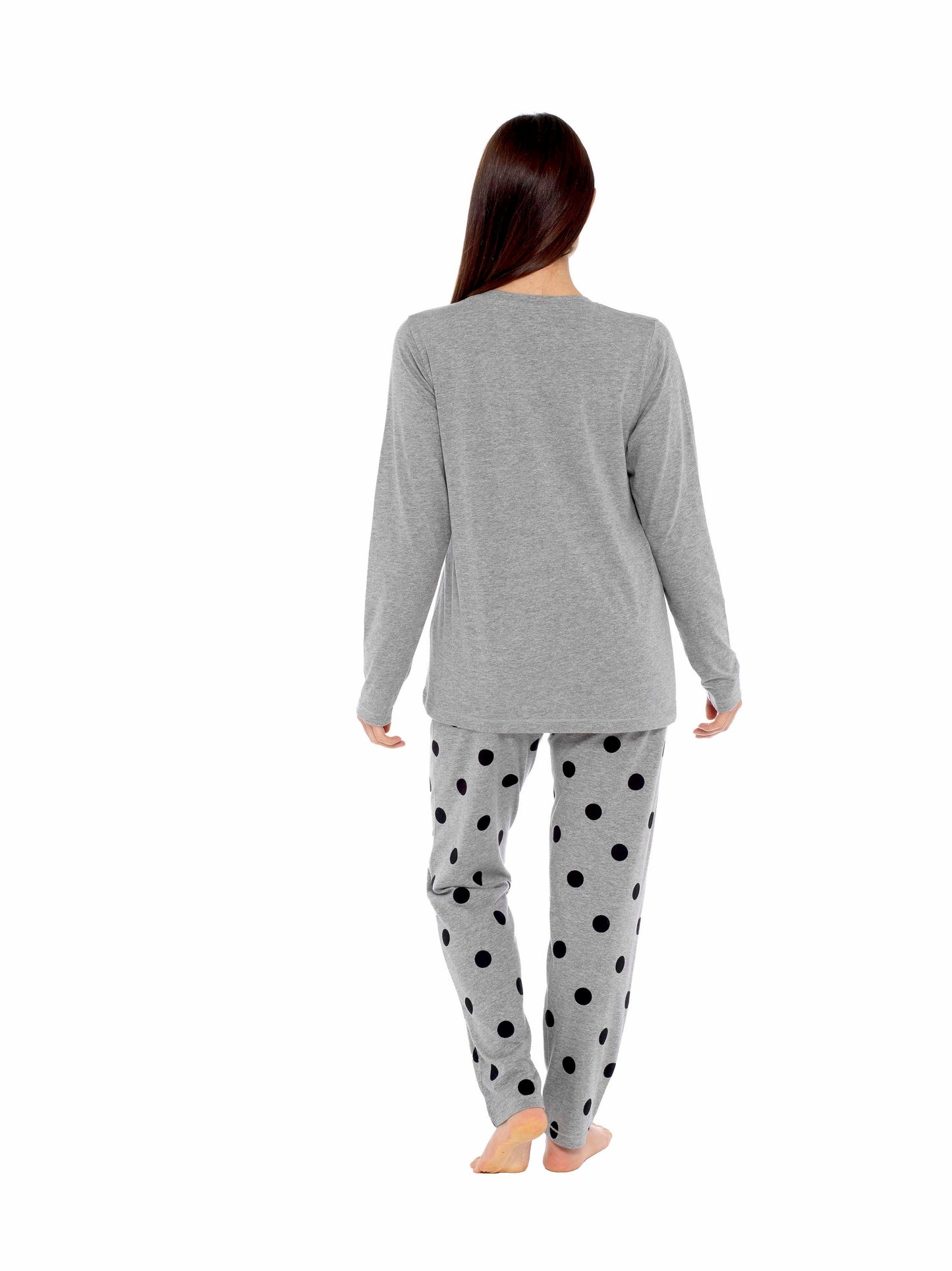 Women's Grey Cotton Pyjama Set With Polka Dot Pants And Frenchie Pugs Print
