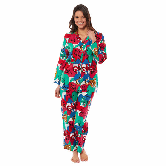 OLIVIA ROCCO Leopard Print Button Up Pyjama Set in Soft Breathable Viscose Sleepwear for Women Daisy Dreamer Sizes S M L XL