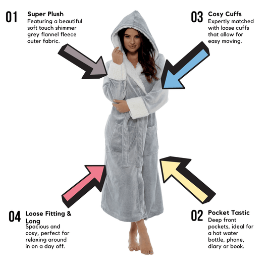 OLIVIA ROCCO Shimmer Fleece Hooded Bath Robe Grey For Women Luxurious Soft Plush Dressing Gown Multiple Sizes Available Now