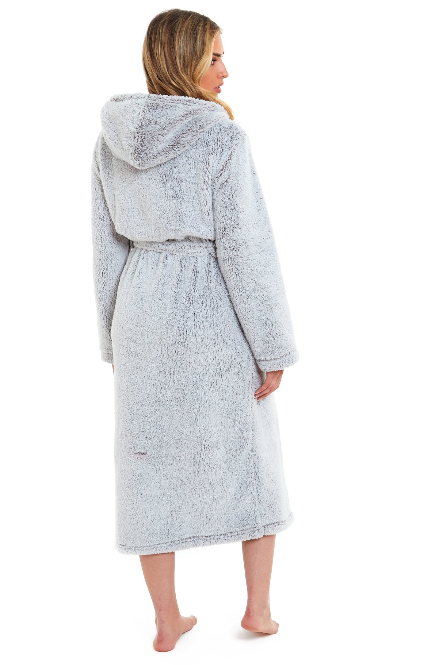 OLIVIA ROCCO Women's Shimmer Grey Snuggle Velvet Touch Fleece Hooded Robe Dressing Gown Ultra Soft Loungewear UK Size 8-22