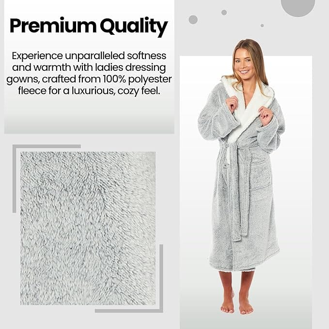 OLIVIA ROCCO Womens Shimmer Fleece Hooded Bath Robe Soft Plush Luxury Dressing Gown Grey Multiple Sizes Cozy Lounge And Sleepwear
