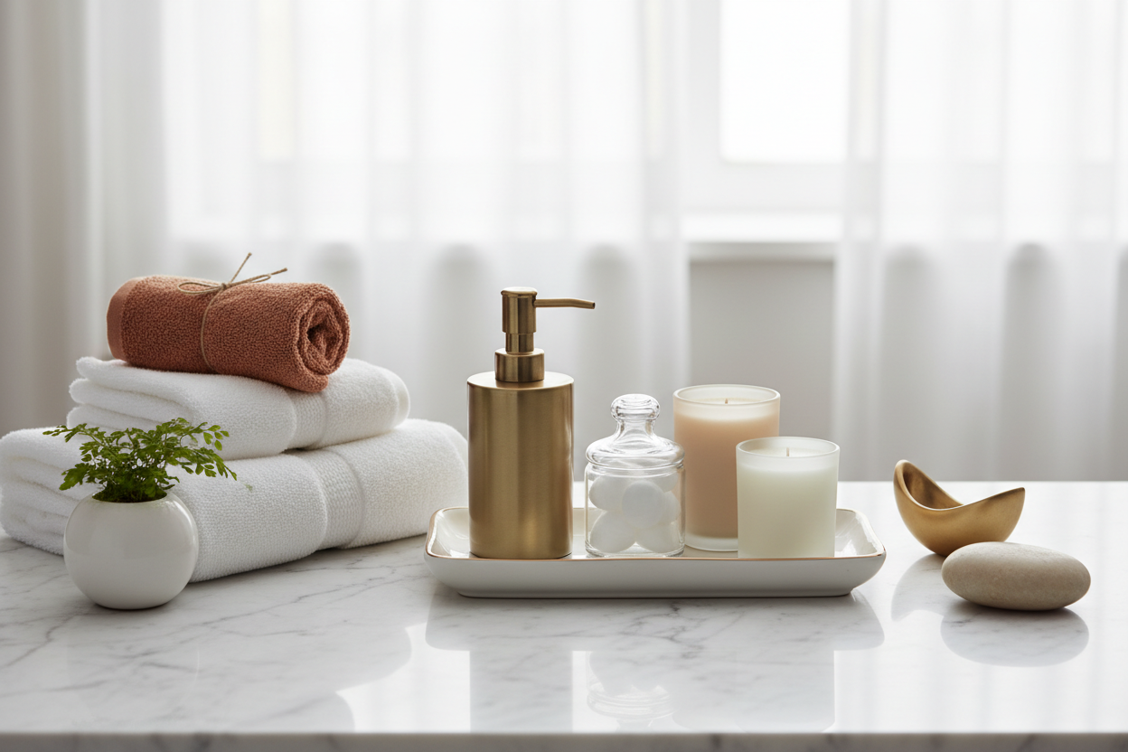 bathroom accessories and decor in a beautiful bathroom