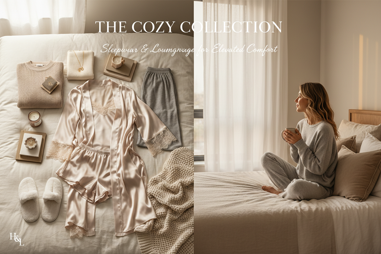 A collection of sleepwear and loungewear products net to a woman sat on her bed