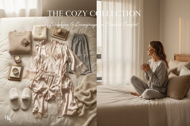 A collection of sleepwear and loungewear products net to a woman sat on her bed