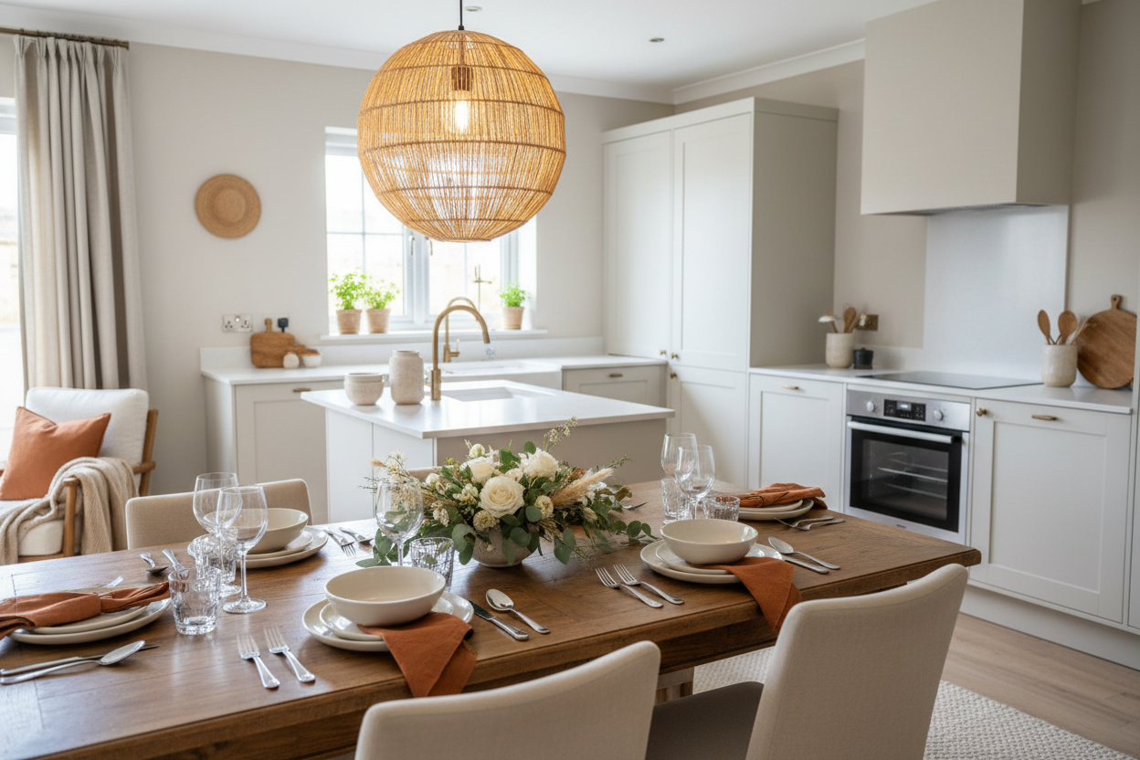 A stunning view of a dining table in the foreground and a beautiful kitchen in the background