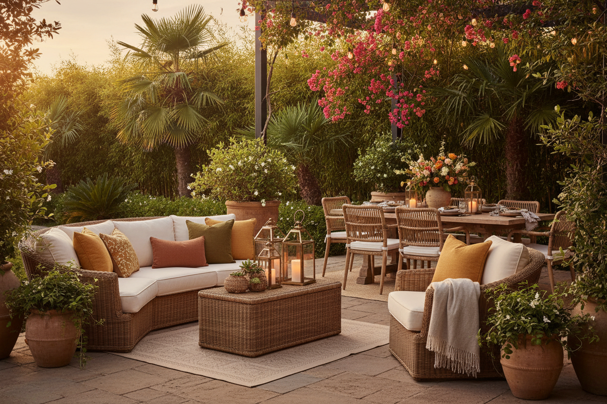 A beautiful outdoor scene with an outdoor sofa surrounding a firepit