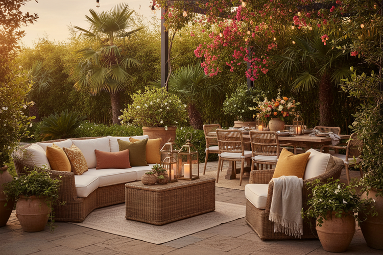 A beautiful outdoor scene with an outdoor sofa surrounding a firepit