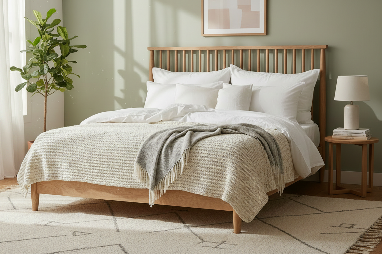 A beautiful wooden double bed in a beautiful bedroom