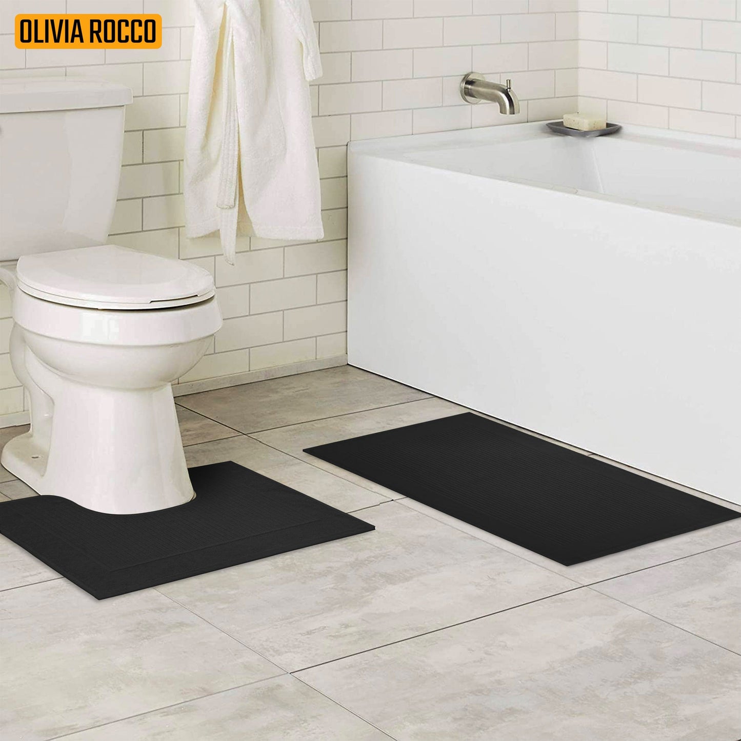 OLIVIA ROCCO Monaco 2 Piece Bath Mat And Pedestal Set Non Slip Water Absorbent 100 Percent Cotton Mats For Safety And Comfort