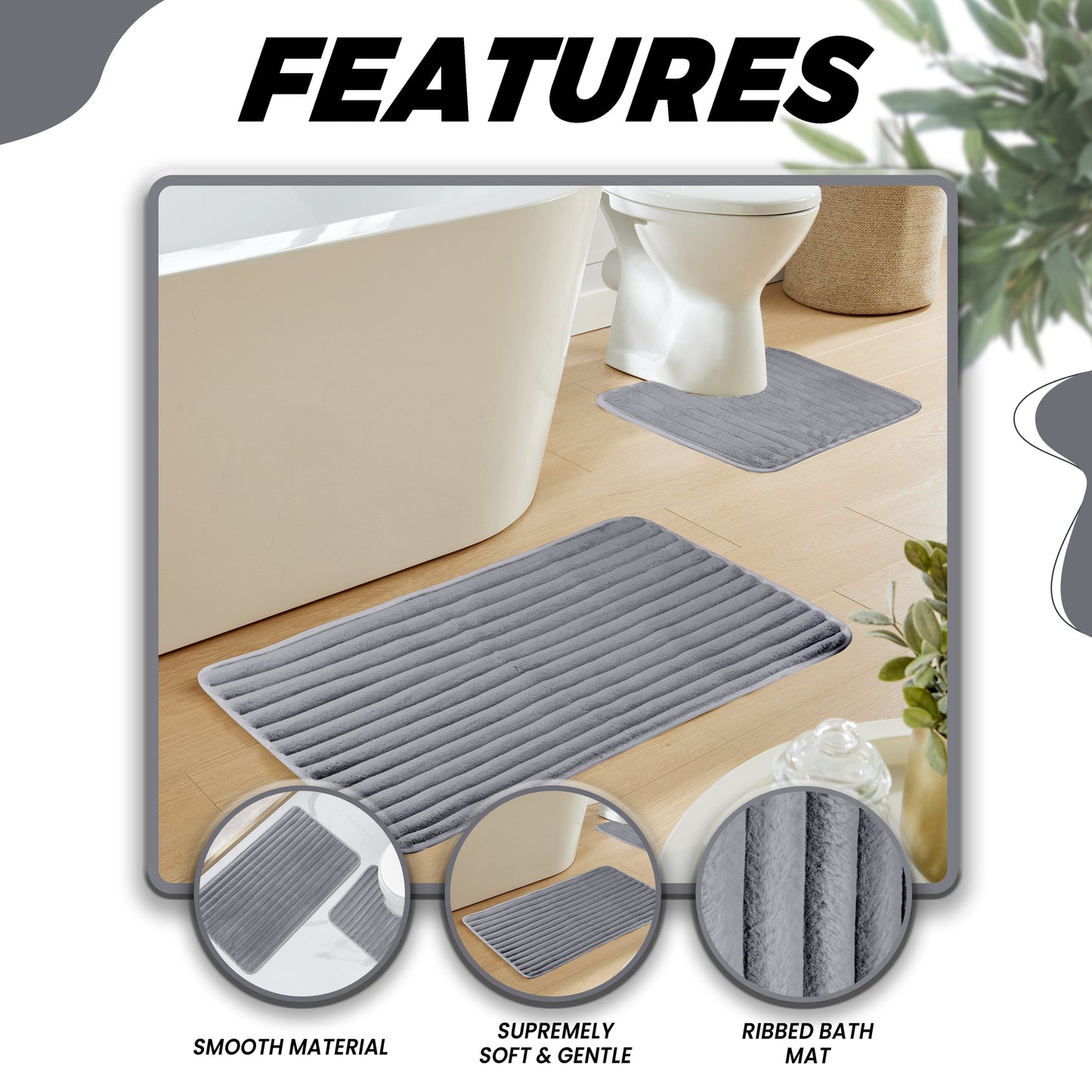 OLIVIA ROCCO 2 Piece Ribbed Bath Mat Set Charcoal Extra Soft Non Slip Super Absorbent Easy Care Rug For Bathroom And Toilet
