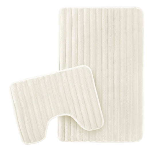 OLIVIA ROCCO 2 Piece Ribbed Bath Mat Set Cream Extra Soft Non Slip Super Absorbent Easy Care Bathroom And Toilet Mats For Home Use