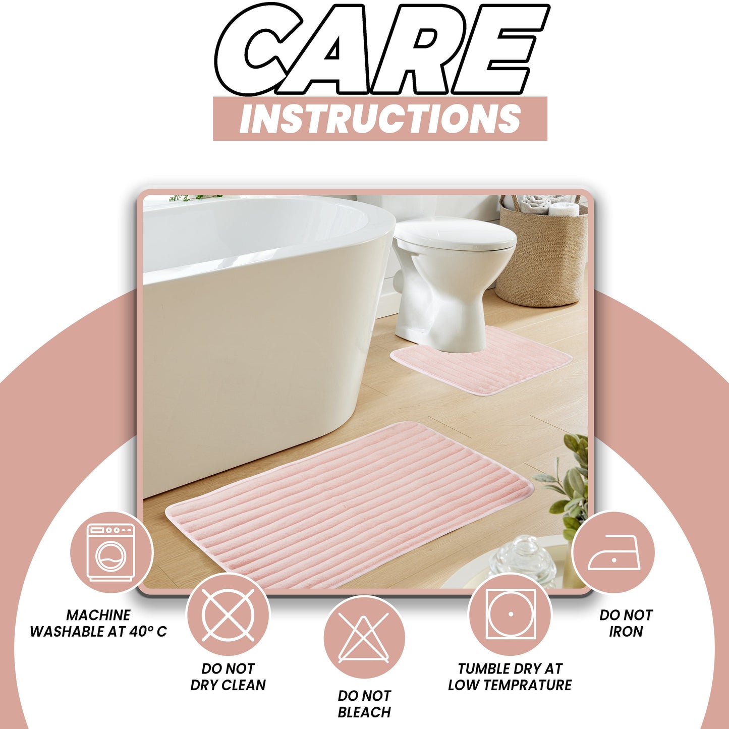 OLIVIA ROCCO 2 Piece Ribbed Bath Mat Set Pink Extra Soft Non Slip Super Absorbent Machine Washable Easy Care Bathroom Toilet Mats