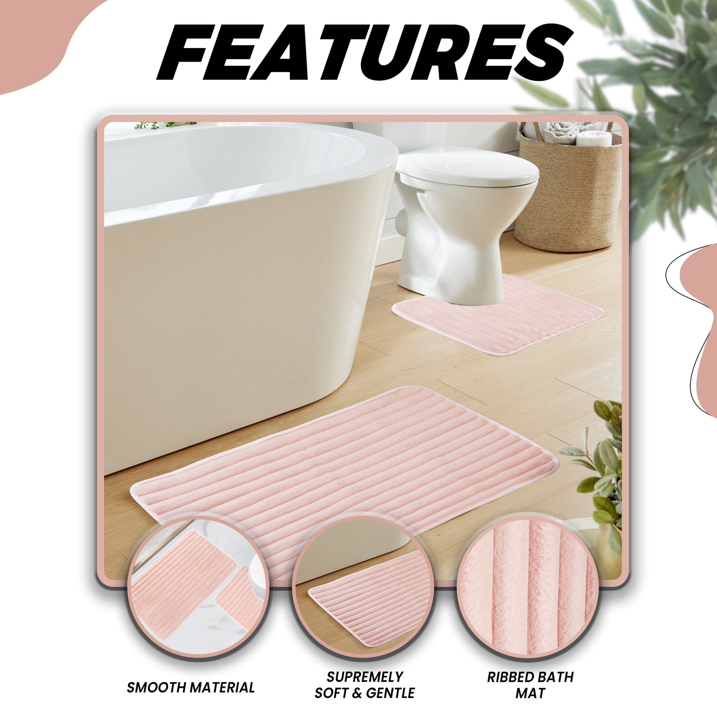 OLIVIA ROCCO 2 Piece Ribbed Bath Mat Set Pink Extra Soft Non Slip Super Absorbent Machine Washable Easy Care Bathroom Toilet Mats