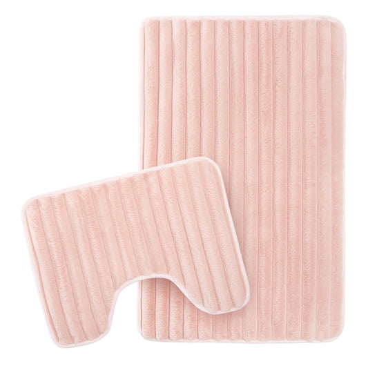 OLIVIA ROCCO 2 Piece Ribbed Bath Mat Set Pink Extra Soft Non Slip Super Absorbent Machine Washable Easy Care Bathroom Toilet Mats