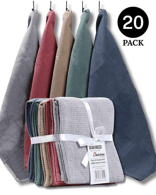 OLIVIA ROCCO 20 Pack Tea Towel Set Waffle Weave 100 Percent Cotton Absorbent Durable Kitchen Towels Assorted Colors Bar Catering