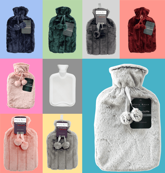 OLIVIA ROCCO Hot Water Bottle 2L With Faux Fur Pom Pom Cover Soft Plush Natural Rubber UK Safety Tested Cozy Winter Gift