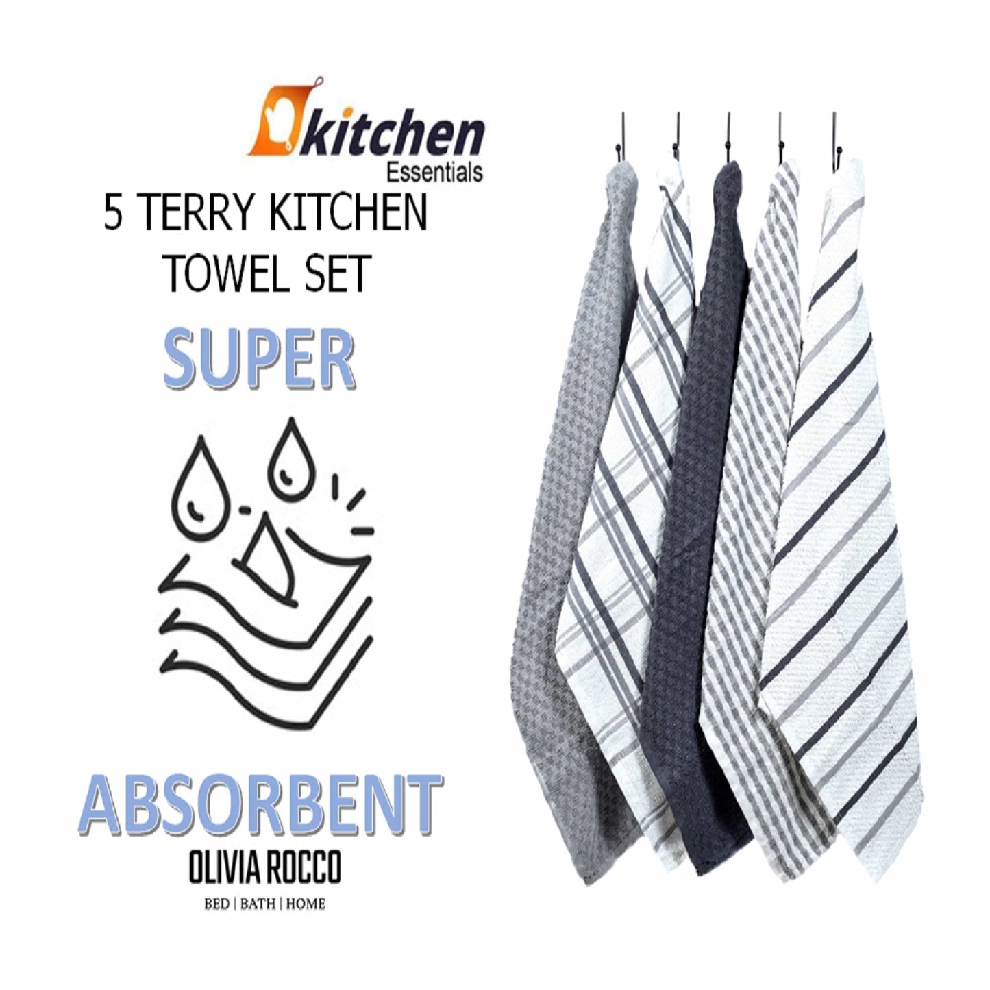 OLIVIA ROCCO 5 Pack Cotton Terry Kitchen Towels 45x65cm Super Absorbent Quick Drying Durable for Home and Professional Use