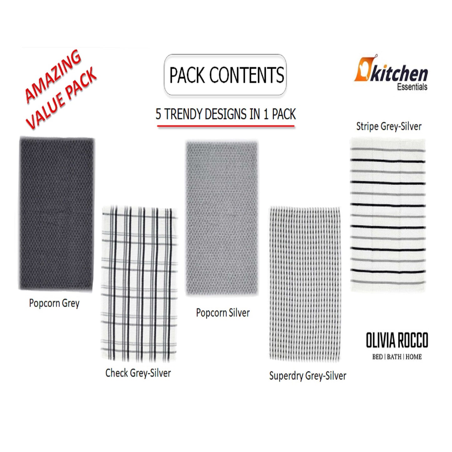 OLIVIA ROCCO 5 Pack Cotton Terry Kitchen Towels 45x65cm Super Absorbent Quick Drying Durable for Home and Professional Use