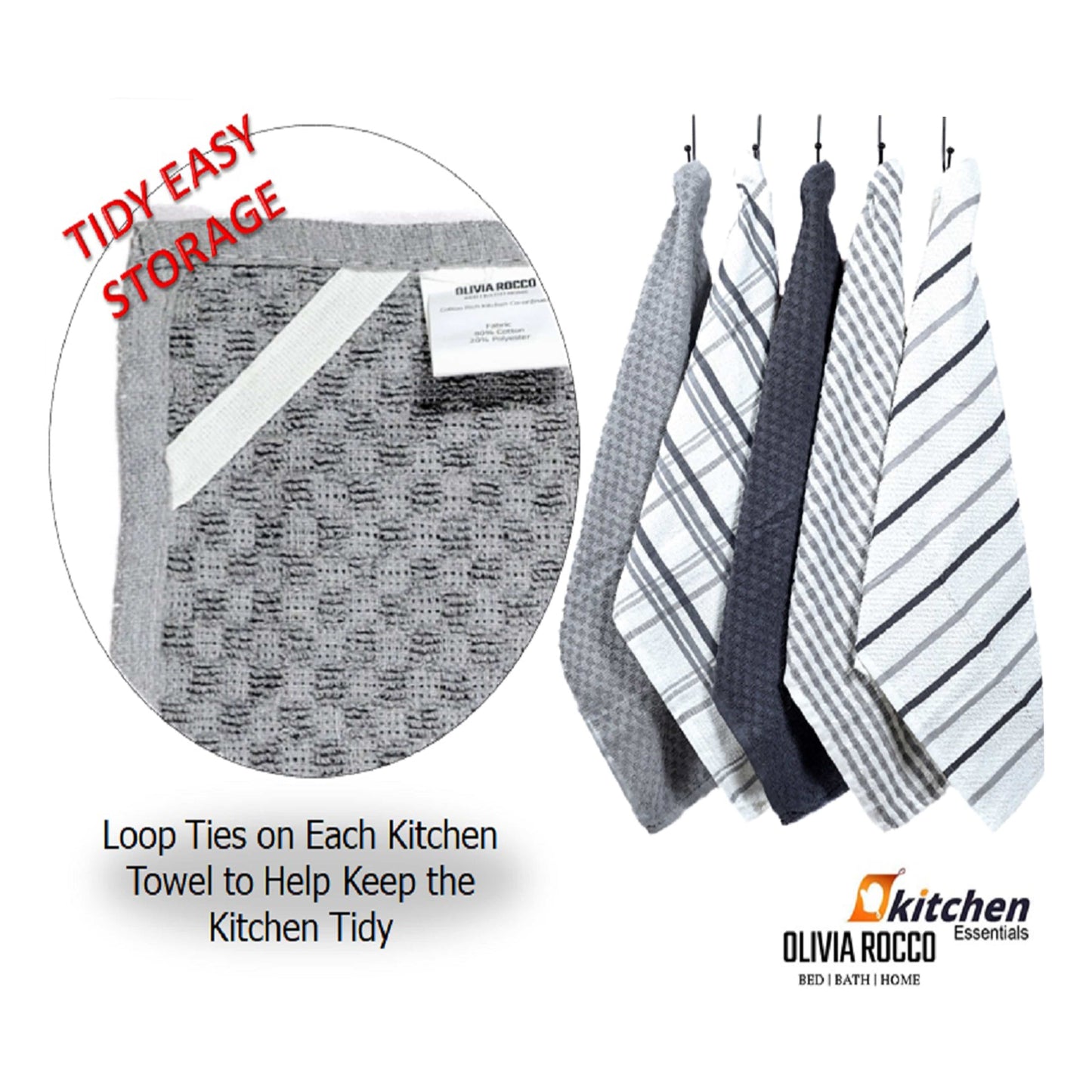 OLIVIA ROCCO 5 Pack Cotton Terry Kitchen Towels 45x65cm Super Absorbent Quick Drying Durable for Home and Professional Use