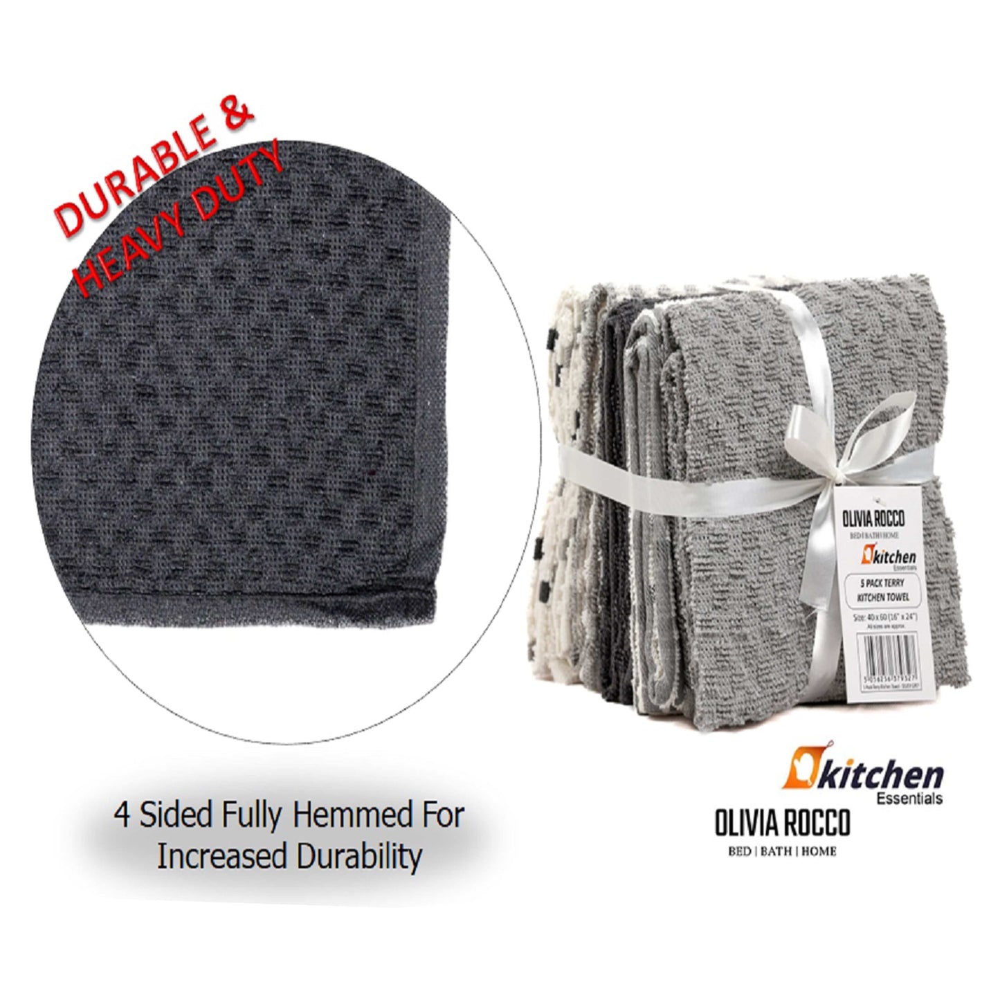OLIVIA ROCCO 5 Pack Cotton Terry Kitchen Towels 45x65cm Super Absorbent Quick Drying Durable for Home and Professional Use