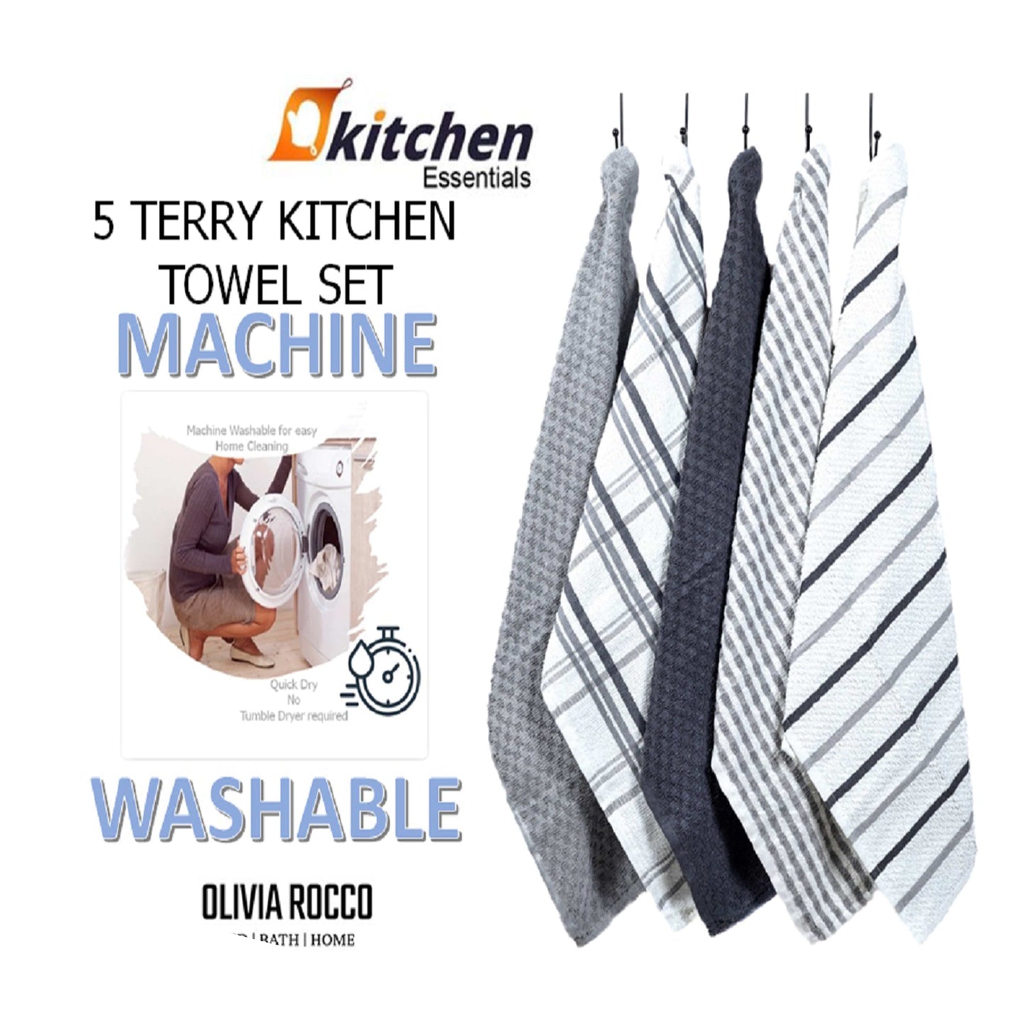 OLIVIA ROCCO 5 Pack Cotton Terry Kitchen Towels 45x65cm Super Absorbent Quick Drying Durable for Home and Professional Use