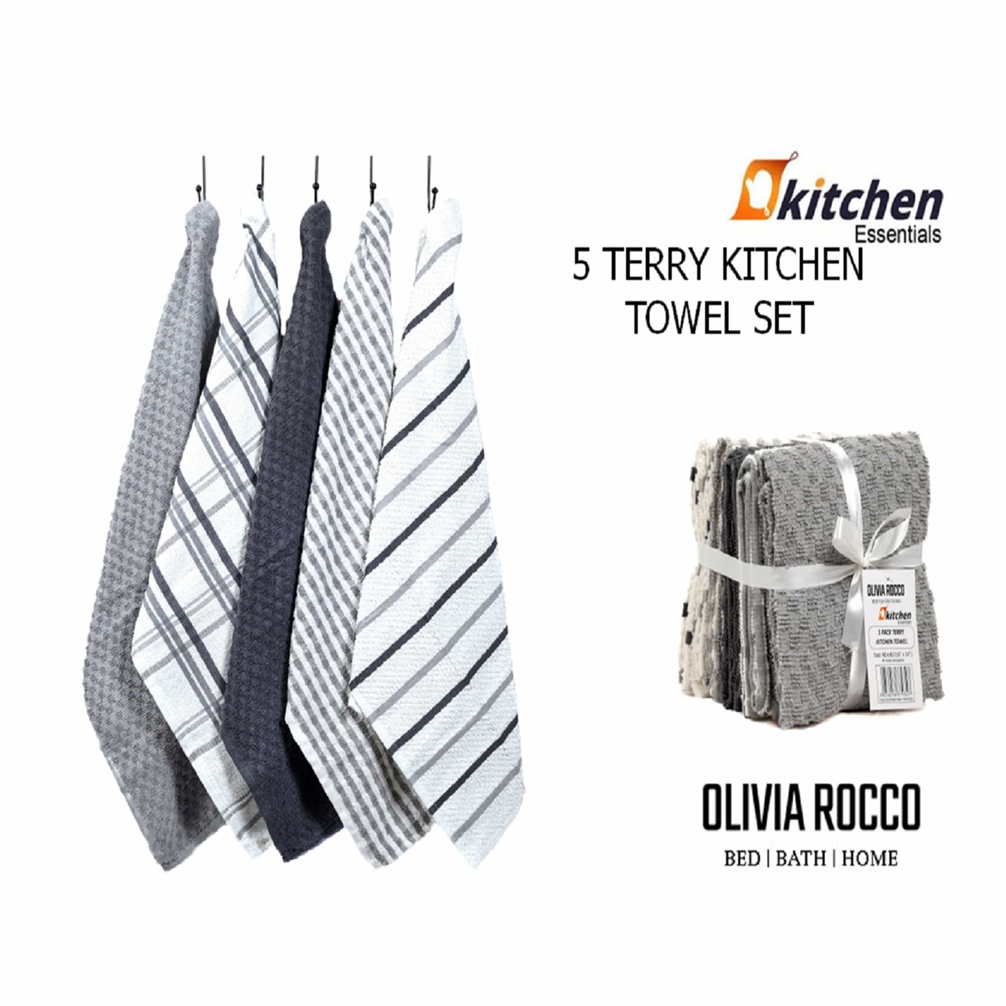 OLIVIA ROCCO 5 Pack Cotton Terry Kitchen Towels 45x65cm Super Absorbent Quick Drying Durable for Home and Professional Use