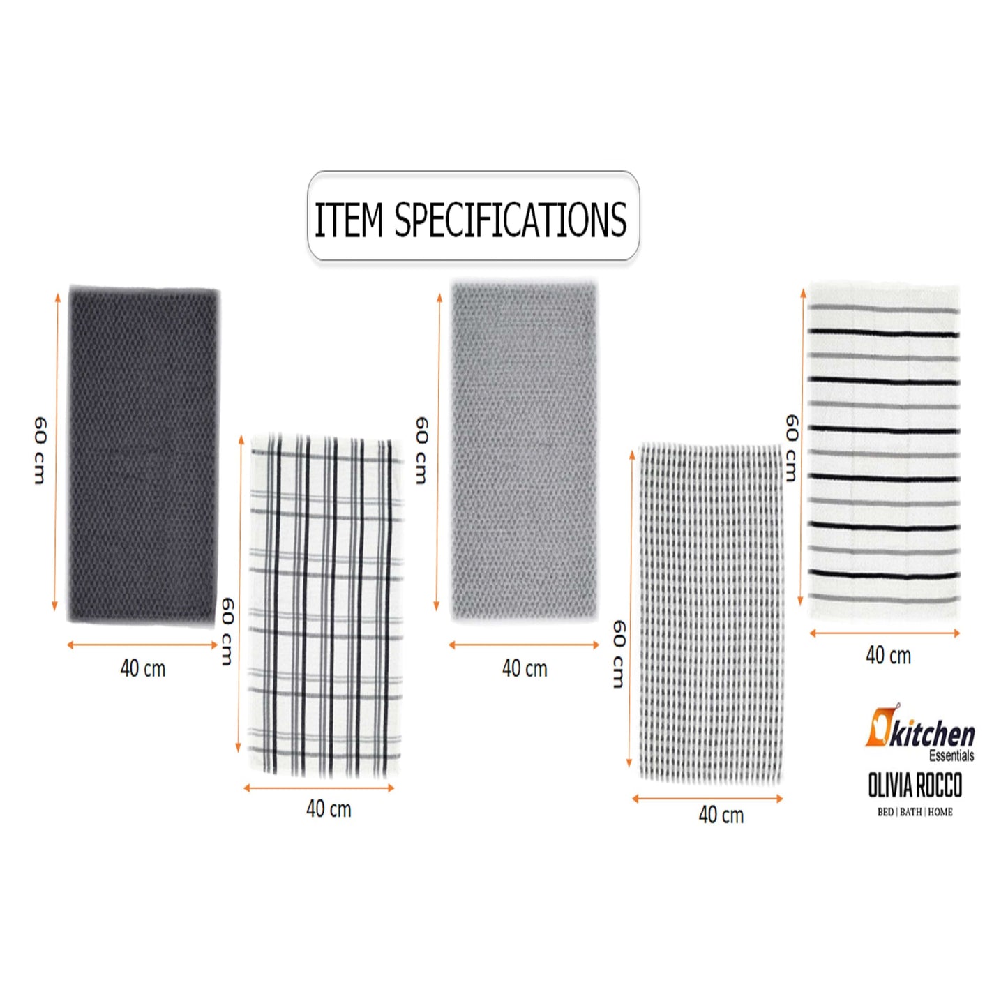 OLIVIA ROCCO 5 Pack Cotton Terry Kitchen Towels 45x65cm Super Absorbent Quick Drying Durable for Home and Professional Use