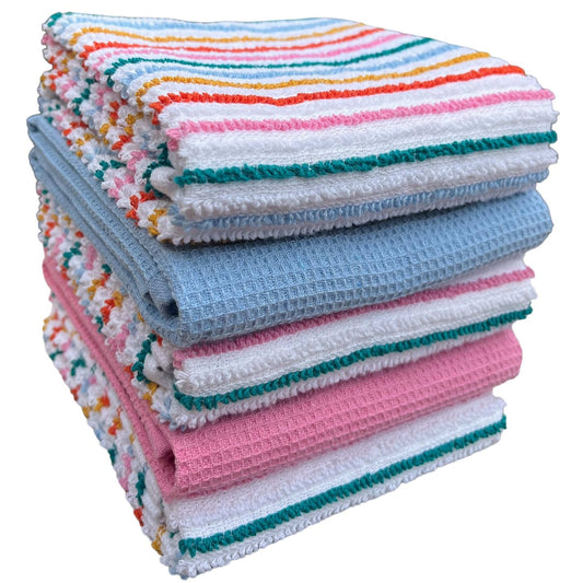 OLIVIA ROCCO 5 Pack Cotton Kitchen Tea Towels Striped Ribbed Waffle 45cm x 65cm Quick Dry Super Absorbent Machine Washable Durable