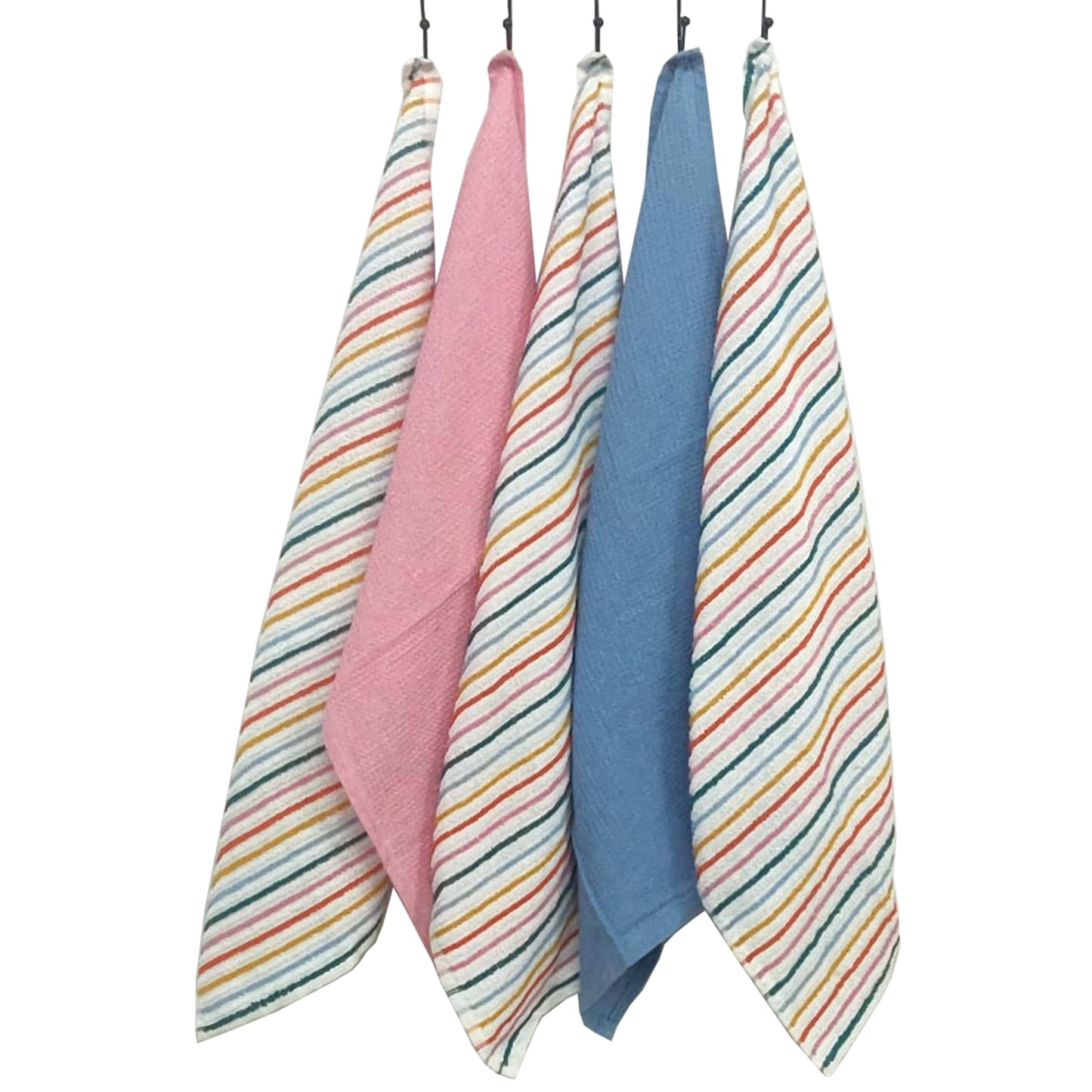 OLIVIA ROCCO 5 Pack Cotton Kitchen Tea Towels Striped Ribbed Waffle 45cm x 65cm Quick Dry Super Absorbent Machine Washable Durable