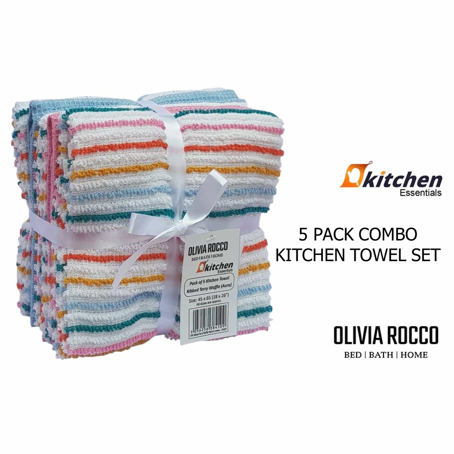OLIVIA ROCCO 5 Pack Cotton Kitchen Tea Towels Striped Ribbed Waffle 45cm x 65cm Quick Dry Super Absorbent Machine Washable Durable