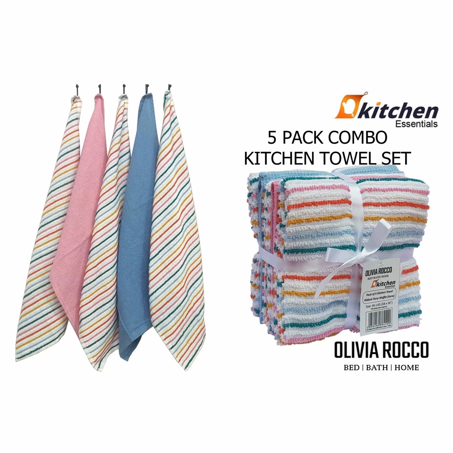 OLIVIA ROCCO 5 Pack Cotton Kitchen Tea Towels Striped Ribbed Waffle 45cm x 65cm Quick Dry Super Absorbent Machine Washable Durable