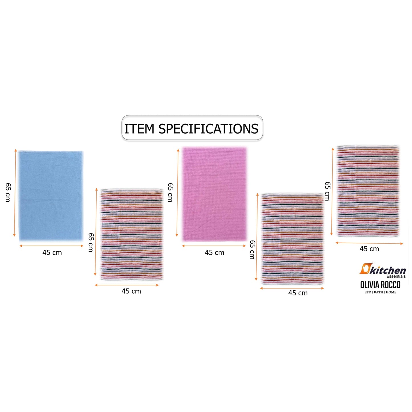 OLIVIA ROCCO 5 Pack Cotton Kitchen Tea Towels Striped Ribbed Waffle 45cm x 65cm Quick Dry Super Absorbent Machine Washable Durable