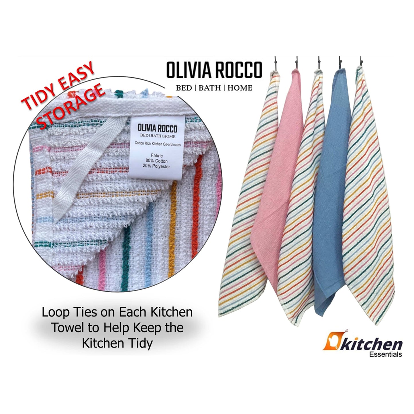 OLIVIA ROCCO 5 Pack Cotton Kitchen Tea Towels Striped Ribbed Waffle 45cm x 65cm Quick Dry Super Absorbent Machine Washable Durable