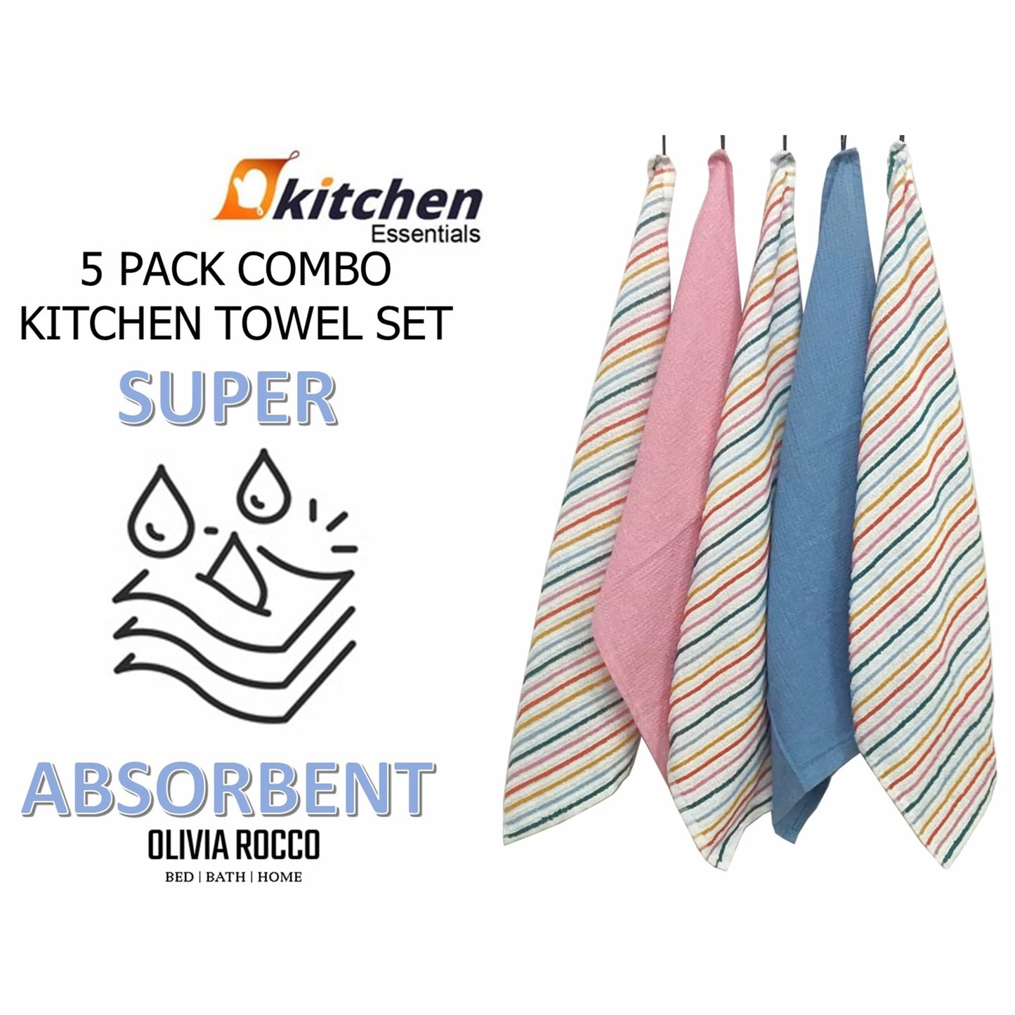 OLIVIA ROCCO 5 Pack Cotton Kitchen Tea Towels Striped Ribbed Waffle 45cm x 65cm Quick Dry Super Absorbent Machine Washable Durable