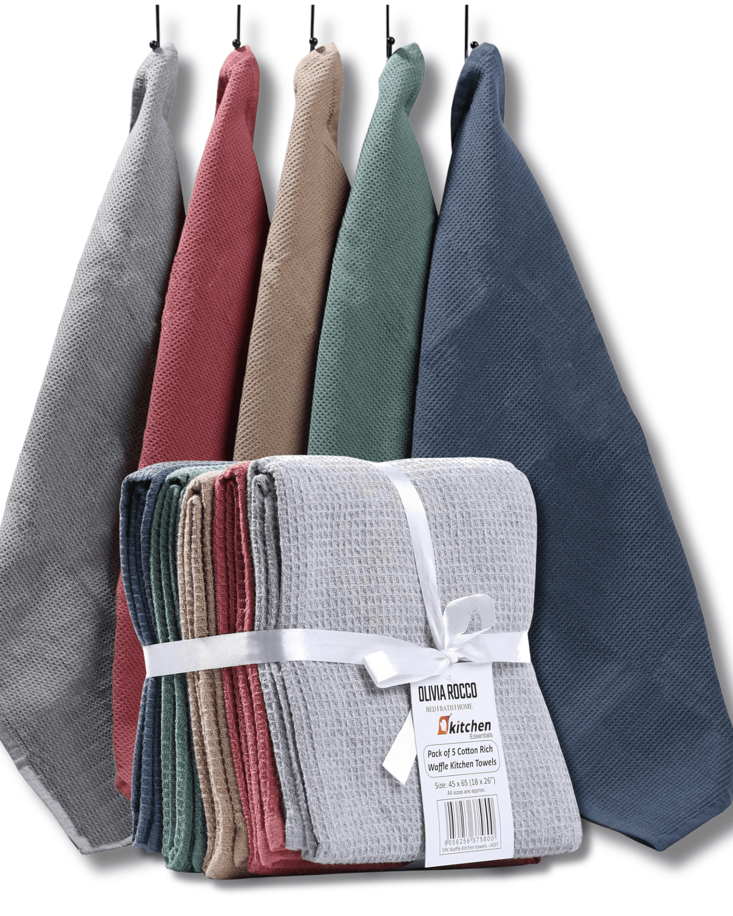 OLIVIA ROCCO 5 Pack Ultra Absorbent Waffle Kitchen Tea Towels Soft Cotton Assorted Colours For Home And Catering Use Set