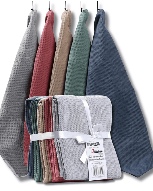 OLIVIA ROCCO 5 Pack Ultra Absorbent Waffle Kitchen Tea Towels Soft Cotton Assorted Colours For Home And Catering Use Set