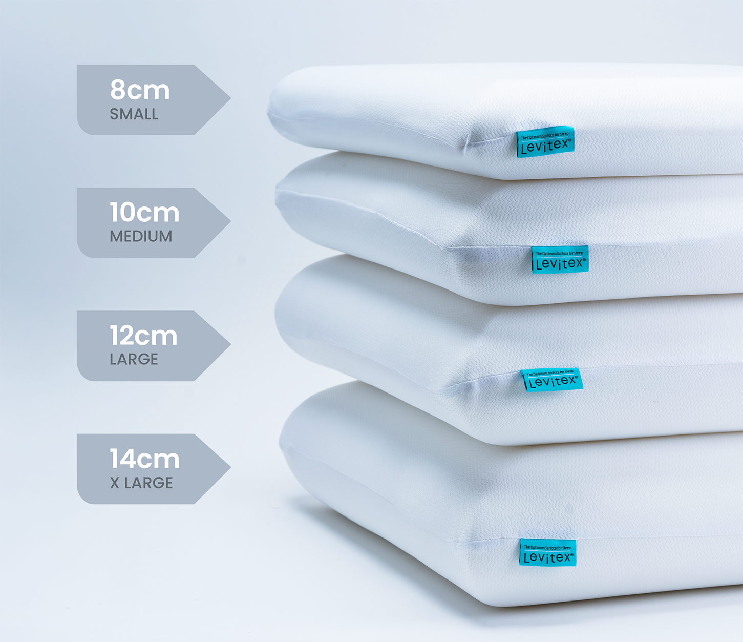 Stack of white pillows with size labels on a light blue background